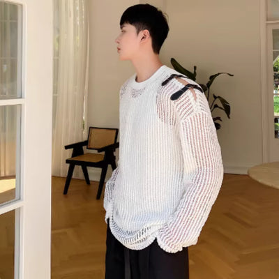 Playera Manga Larga Hombre Diseño Hombro Descubierto con Detalles de Cuero - Image 8