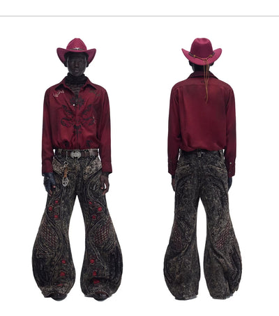 Camisa de Terciopelo Satinado Rojo Vino con Patrón Totem - Image 14