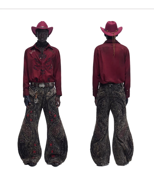 Camisa de Terciopelo Satinado Rojo Vino con Patrón Totem - Image 14