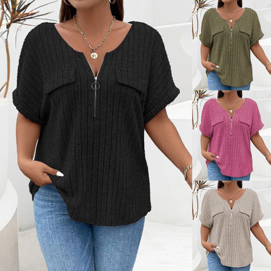 Playera Suelta con Cierre y Bolsillo Falso - Manga Corta