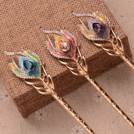Pasador Retro Pluma de Pavo Real para Peinados
