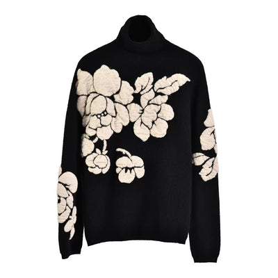 Suéter Retro de Punto Holgado con Cuello Alto y Flores Tridimensionales - Image 5