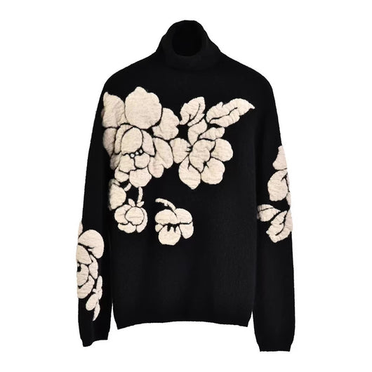 Suéter Retro de Punto Holgado con Cuello Alto y Flores Tridimensionales - Image 5