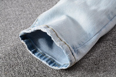 Pantalones Jeans Slim Fit Azul Claro Rotos con Parches para Hombre - Image 16