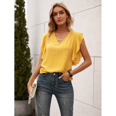 Blusa V-Escote Hoja de Loto Color Sólido