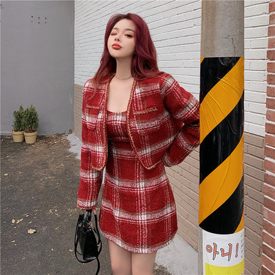 Vestido Corto con Abrigo Cuadrillé de Lana y Tirantes - Image 2