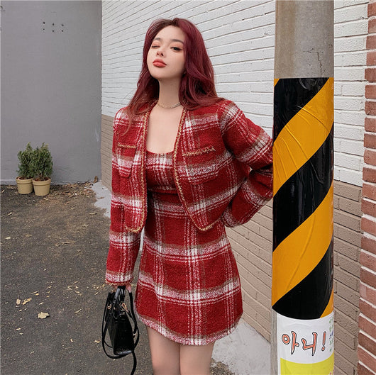 Vestido Corto con Abrigo Cuadrillé de Lana y Tirantes - Image 2