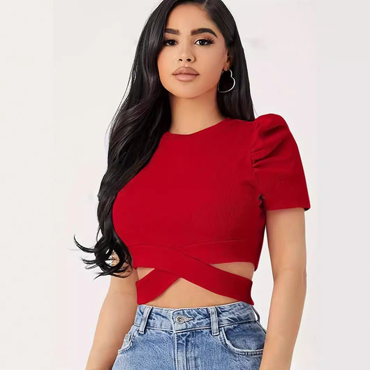 Blusa Ajustada de Manga Corta Abullonada con Cuello Redondo en Tela Acanalada - Image 2