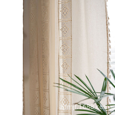 Beige crochet and plaid stitching short curtain with tassels, made from polyester cotton, hanging in a cozy room. - Image 6