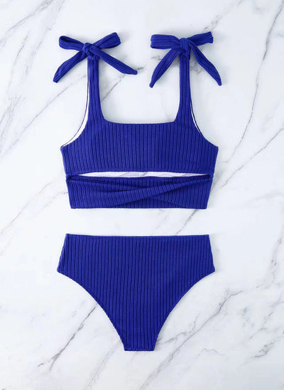 Green textured knit two-piece swimsuit with a square-neck crop top and high-waisted bottoms, featuring tie-shoulder straps. - Image 23