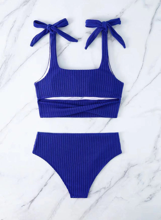 Green textured knit two-piece swimsuit with a square-neck crop top and high-waisted bottoms, featuring tie-shoulder straps. - Image 23