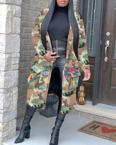 Abrigo Casual con Estampado Camuflaje y Parches - Estilo Europeo y Americano para Mujer - Image 4