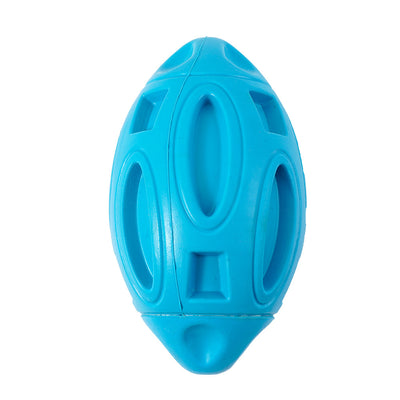 Orange rubber dog toy shaped like a rugby ball with hollowed-out sections, designed for wear-resistant chewing. - Image 11