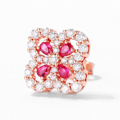 Aretes de Plata S925 Flor de Cuatro Pétalos con Piedra Roja Cultivada para Mujer - Image 4