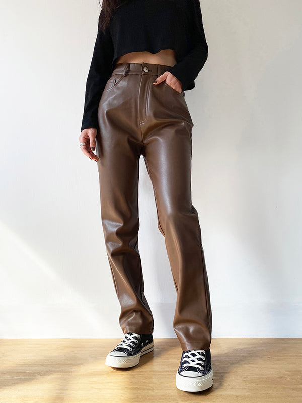 Pantalones de Cuero PU Cintura Alta Ajustados con Efecto Reductor