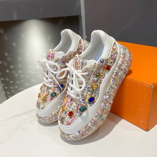 Mocasines Plataforma para Mujer con Tweed Colorido y Piedras - Zapatos Cómodos y Casuales