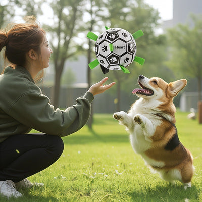 Black and white soccer ball dog toy with green fabric tabs and paw prints, 19cm, includes pump. - Image 2