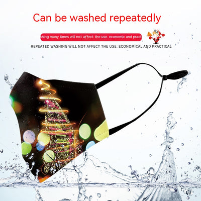 Red dust mask with a cartoon reindeer peeking out, surrounded by white snowflakes and sparkling stars. - Image 23