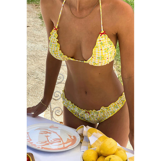 Women's yellow and white gingham bikini with lemon print, ruffled edges, and red bows. Features a triangle halter top and classic brief bottom. - Image 4