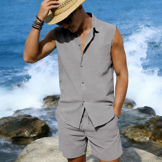Conjunto de Camisa y Pantalones Cortos de Lino para Hombre