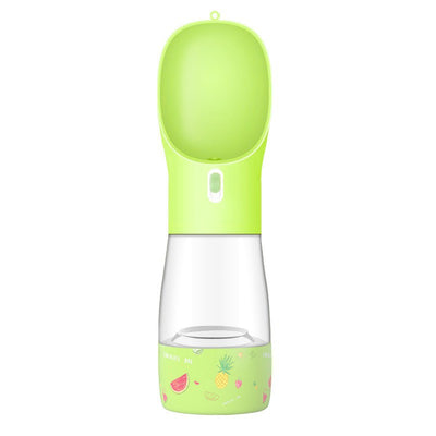 Pink portable pet water bottle with integrated feeder bowl, clear reservoir, and dispensing button for dogs. - Image 32