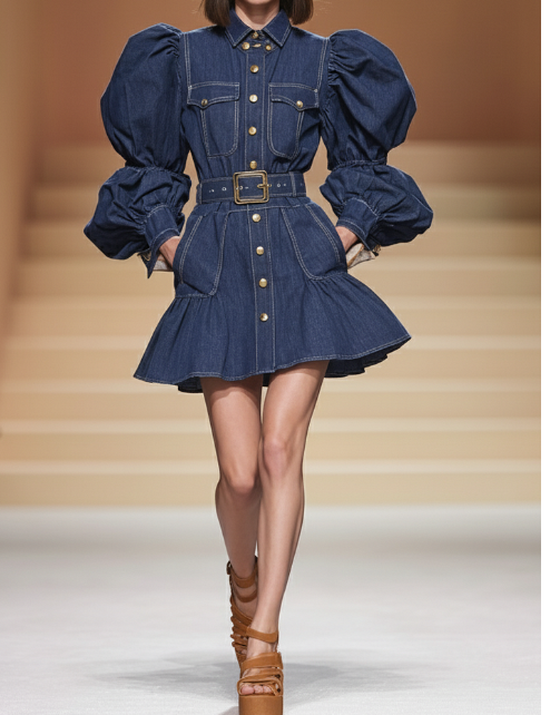 Vestido Camisero Denim Azul Marino con Cinturón y Mangas Globo