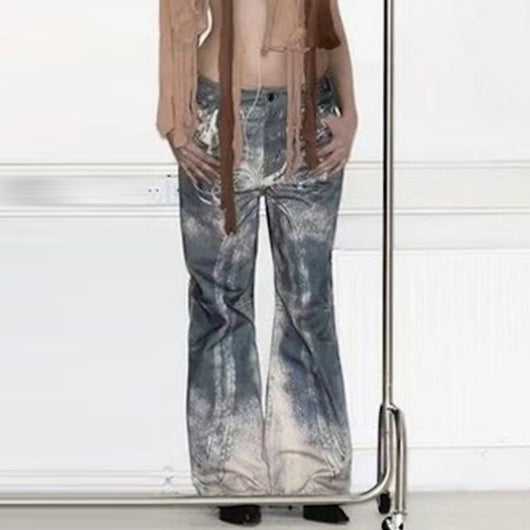 Jeans Rectos Lavados con Patrón Distressed en Tonos Neutros