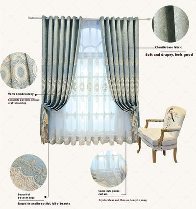 Blue sheer curtain with intricate gold and dark blue embroidery in a European classical style, draped over a window. - Image 20