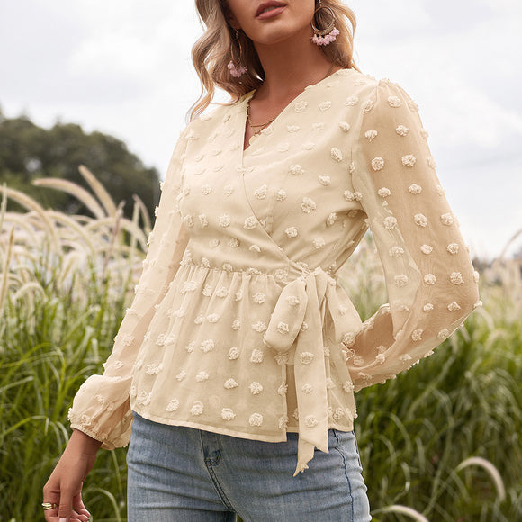 Blusa Elegante de Encaje Jacquard con Escote V y Mangas Largas