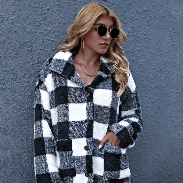 Chaqueta Camisa Oversized a Cuadros con Botones para Mujer