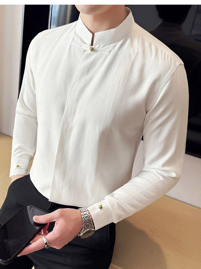Camisa Manga Larga Cuello Mao Hombre - Diseño Liso Versátil - Image 7