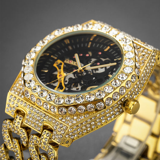 Reloj Automático Hip Hop con Cadena Cubana de Diamantes Completos y Eslabón Hueco - Image 8