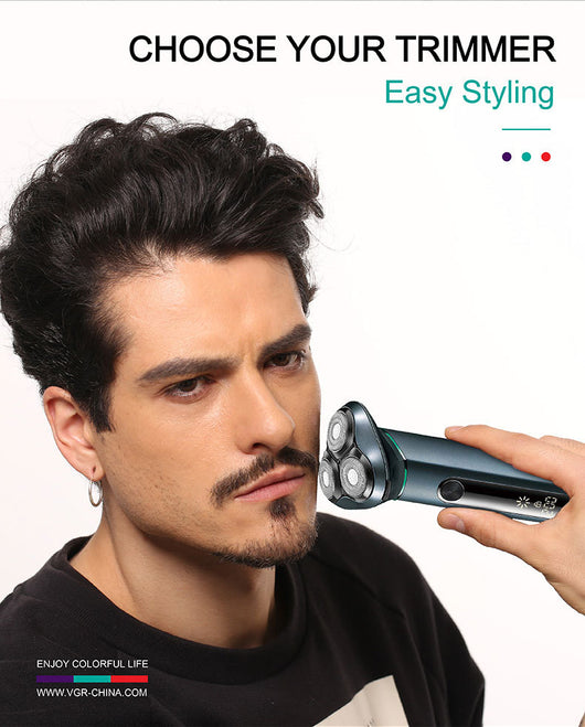 VGR men's electric rotary shaver with a dark teal metal body, LCD display, and three shaving heads. Includes USB cable, cleaning brush, travel pouch, and protec - Image 8