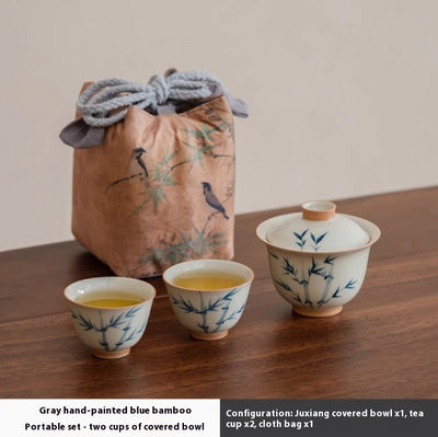 Juego de Té Gaiwan Porcelana Pintada a Mano con Diseño Bambú Azul - Image 7