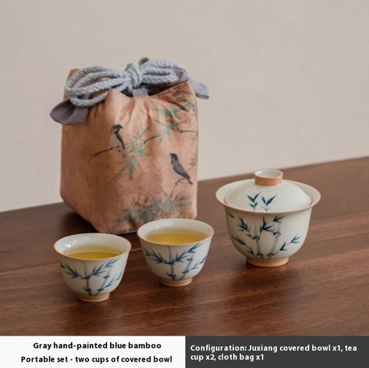 Juego de Té Gaiwan Porcelana Pintada a Mano con Diseño Bambú Azul - Image 7
