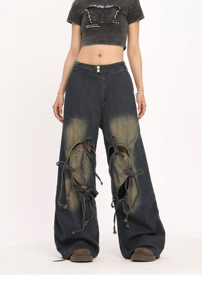 Pantalones Vaqueros Rotos con Cordones Cintura Alta Pierna Recta Mujer - Image 9