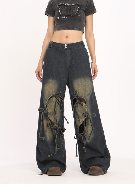 Pantalones Vaqueros Rotos con Cordones Cintura Alta Pierna Recta Mujer - Image 9