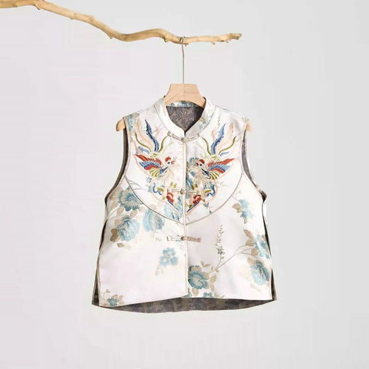 Chaleco Estilo Chino Retro para Mujer con Cuello Tipo Smoking y Cierre de Botones