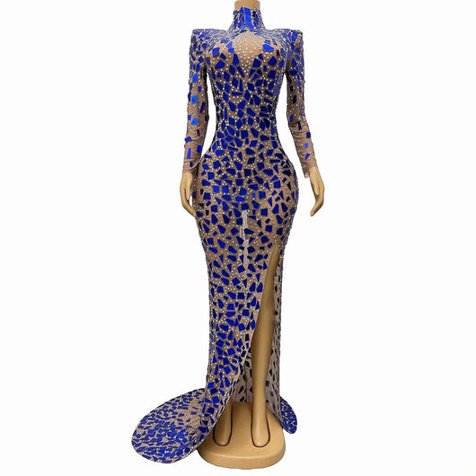 Vestido Elegante Cuello Alto Azul para Banquete y Eventos Formales