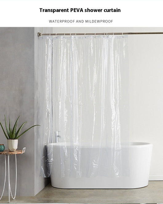 Transparent PEVA shower curtain with stainless steel grommets and hooks on a silver shower rod. - Image 6