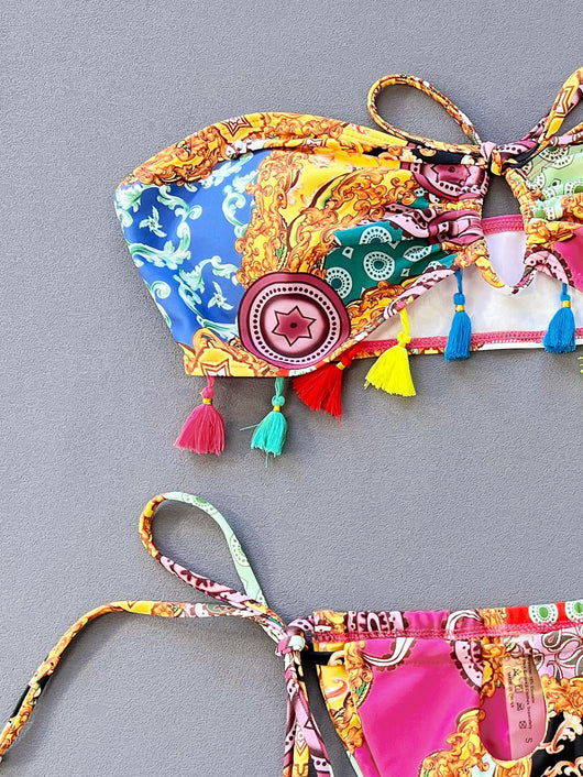 Women's separated tube top bikini with vibrant baroque and paisley print, colorful tassels, and tie-side bottoms. - Image 10