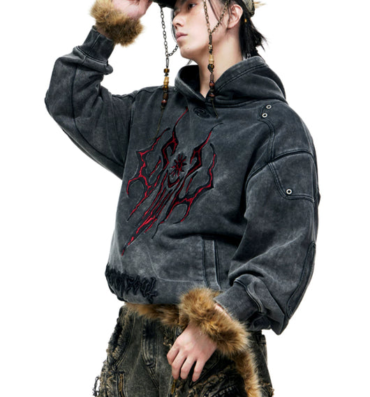 Sudadera Tribal 3D Bordada Gris Pesada con Detalles Desgastados - Image 12