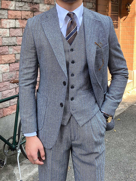 Traje Slim Fit Espiga Retro Lana Otoño Invierno para Hombre - Image 18