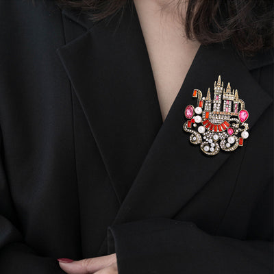 Broche Castillo Europeo Retro con Cristales de Diamante