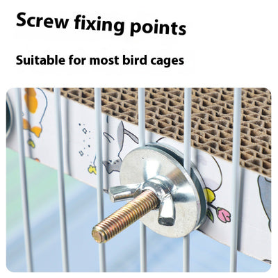 Three colorful lovebirds on a rectangular corrugated cardboard platform with screws, attached to a white bird cage. - Image 5