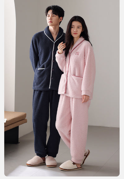 Pijama de Pareja Franela Gruesa Coral Fleece Manga Larga Abrigado - Image 34