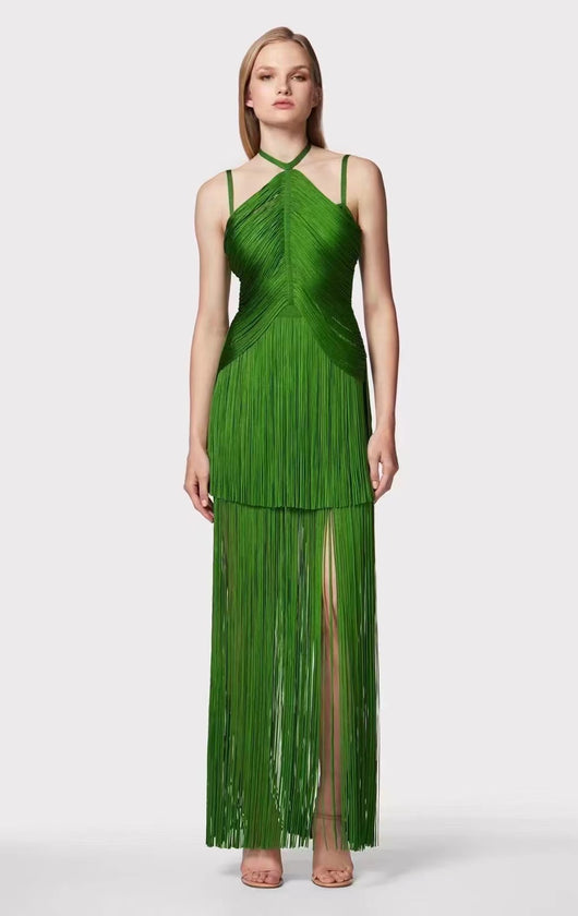 Vestido de Fiesta Verde Esmeralda con Tirantes Finos y Detalles de Borlas - Image 14