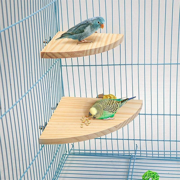 Semicircular solid wood bird cage platform with metal wingnut fasteners, designed for perching and playing.
