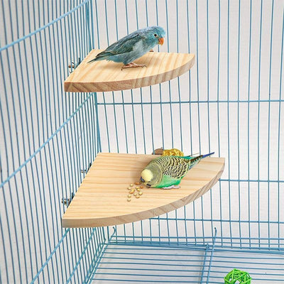 Semicircular solid wood bird cage platform with metal wingnut fasteners, designed for perching and playing.