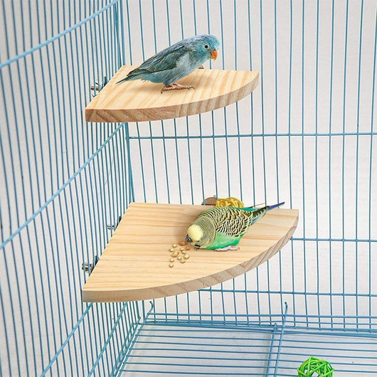 Semicircular solid wood bird cage platform with metal wingnut fasteners, designed for perching and playing.